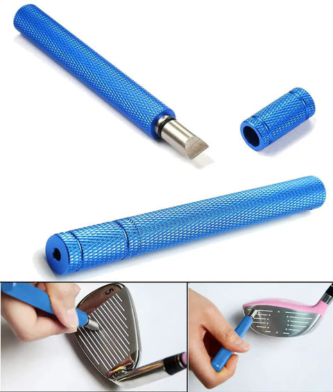 Golf Groove Sharpener Pro Grade For Wedges And Irons Portable Club Groove Cleaner shown open and in use on club face