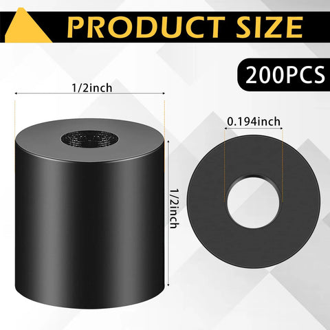200 Pcs Black Nylon Spacers Half Inch Thick, Half Inch Outer Diameter, 0.194 Inch Inner Diameter Round Spacers product size diagram