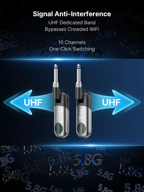 Wireless Guitar System With 10 Channel Transmitter And Receiver, Dual Interface Design for enhanced UHF signal anti-interference.