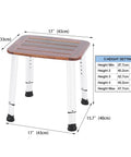 Teak Shower Bench And Bath Stool For Shower Or Tub with dimensions and height adjustable settings chart