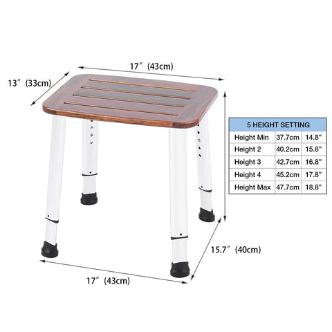 Teak Shower Bench And Bath Stool For Shower Or Tub with dimensions and height adjustable settings chart