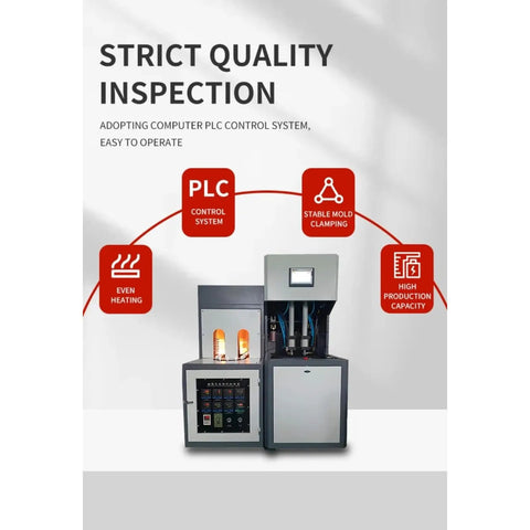 Semi Automatic Blow Molding Machine For Pet Bottle Manufacturing showcasing PLC control system and heating features.