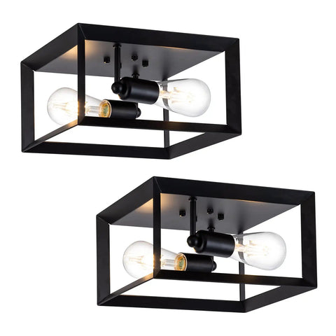 Two Pack Black 11 Inch Semi Flush Mount Ceiling Lights Modern Industrial Square Metal Close To Ceiling Lighting