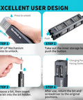 Mini Electric Screwdriver Set 49-In-1 Precision Torque showing user instructions for storage and operation steps on a corded tool.