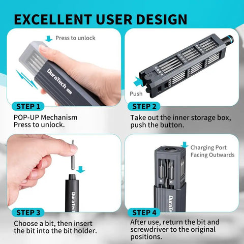 Mini Electric Screwdriver Set 49-In-1 Precision Torque showing user instructions for storage and operation steps on a corded tool.