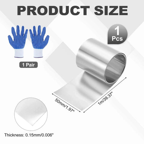 304 Stainless Steel Foil Roll 0.15mm By 50mm By 1m with Gloves, Silver Multiple Use Metal Strip