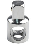 Front view of chrome steel sliding rod socket adapter with square drive on top and hollow cylindrical body