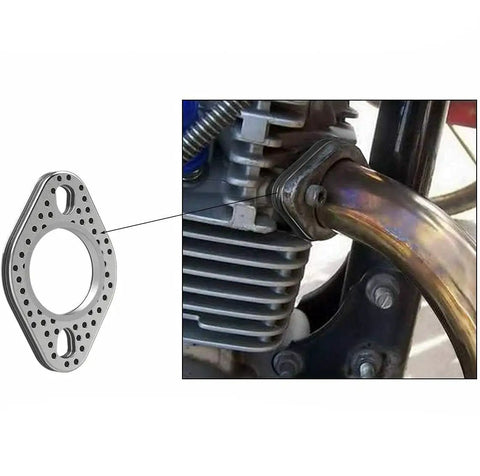 Exhaust Kit With Nuts Gasket And Studs For GMB139 Engine Fits 50cc To 150cc Scooters ATVs Go Karts Mopeds Compatible With GY6 Motors Ideal For Daily Rides And Weekend Projects Ride Ready Performance Durable Stainless Steel Construction Easy Install showing gasket detail and installed view on engine
