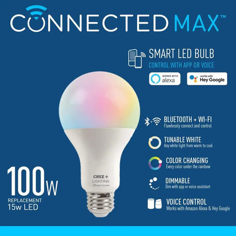 Smart A21 LED Bulb 100W Equivalent Tunable White To Color Changing Works With Alexa And Google Home No Hub Needed Bluetooth And 2.4 GHz WiFi 1 Pack Voice Controlled Mood Lighting For Home, on blue background with features