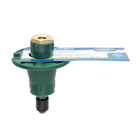 No Fuss Premium 10 Pack Plastic Flush Pop Up Sprinkler Heads With Bombproof Brass Full Spray Nozzle, green plastic and brass.