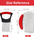 Onion holder with red grip and metal prongs (front view); potato cutter with red handle (side view), 1pc each.