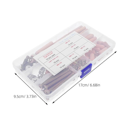 Durable Locking Cam Screws Kit For Furniture Hardware Replacement in plastic box with labeled compartments, 95 piece set