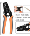 Pro Grade Mini Micro Open Barrel Crimping Tool For AWG 28 20 Terminals Including JAM Molex Tyco JST Connectors Handy For FPV Drones Servo Leads And RC Projects Non Insulated Crimp Tool with 180mm length and orange handles.
