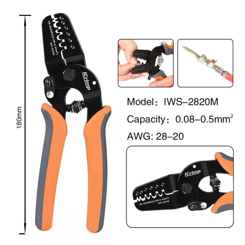 Pro Grade Mini Micro Open Barrel Crimping Tool For AWG 28 20 Terminals Including JAM Molex Tyco JST Connectors Handy For FPV Drones Servo Leads And RC Projects Non Insulated Crimp Tool with 180mm length and orange handles.