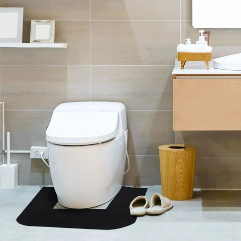 Bathroom with a Six Pack Commode Mats For Odor Control And Urine Spills, Toilet Floor Pads For Bathroom And Restroom in black.
