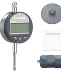 HDLNKAK digital dial indicator gauge with inch/mm conversion, 0–25.4 mm, front view with probe and accessories