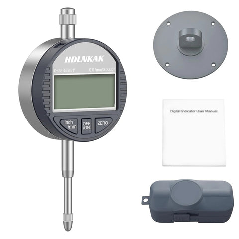 HDLNKAK digital dial indicator gauge with inch/mm conversion, 0–25.4 mm, front view with probe and accessories