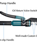 Hydraulic Crimping Tool And Cable Cutter For Stainless Steel Cable Railing Hardware Pro Grade 1 8th To 3 16th Inch DC02 Battery Cable Crimp Tool Heavy Duty Swaging Tool With Auto Release And Hardened Dies with labeled pump handle and dies.