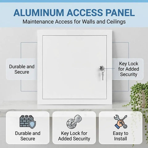 Solid Aluminum Access Panel With Key Lock For Drywall And Ceilings showing key lock feature and maintenance access for ceilings.
