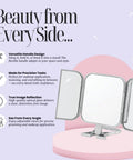 3 Way Foldable Travel Makeup Mirror With Built In Stand And Handle Ultra Clear Glass For Sharp Reflections on pink surface