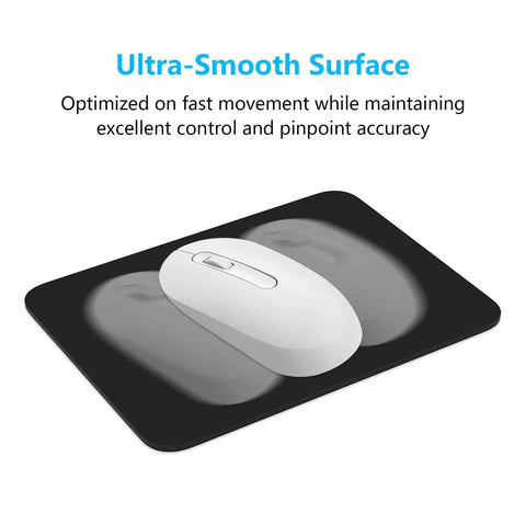 Small Mouse Pad 8 By 6 Inch Thick Rubber With Premium Textured Non Slip Surface shown with white mouse on black pad