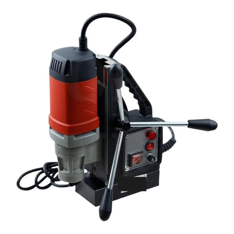 Heavy Duty Magnetic Drill Press For Steel Engineering Jobs, benchtop model with red and gray finish for precise drilling