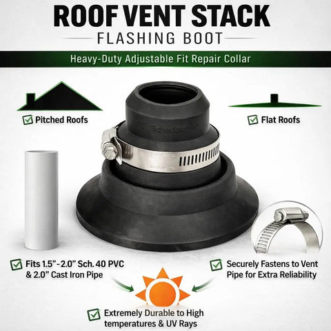2 Pack Roof Collar Repair Boots For 1.5 To 2 Inch Vent Pipes With Silicone Sealant Included DIY Friendly Flexible Thermoplastic Rubber Roof Vent Flashing Collar Quick Leak Fix For Existing Roof Boots USA Made