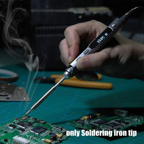 Hand using a soldering iron on circuit board with 7 Piece Mini Stainless Steel Soldering Iron Tip Set For TS100 TS101.