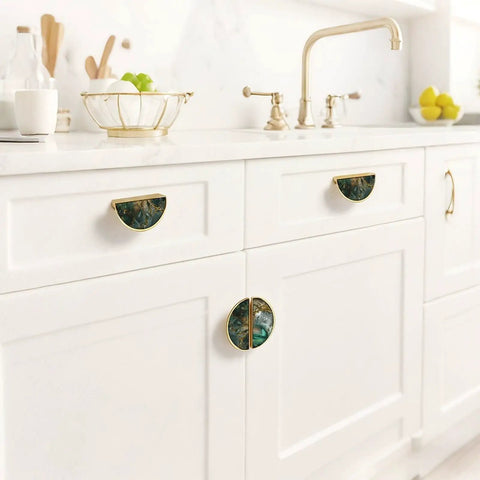 Two Pack Green Gold Fluid Art Cabinet Pulls with 3 Inch Hole Center on white kitchen cabinets