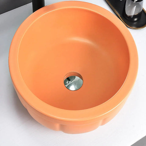 Round Sink Bowls For Bathroom Vessel Sink, 15.7 Inch Ceramic Vessel Sink With Faucet And Drainer Above Counter Bathroom Vanity Sink Bowl Art Wash Basin in orange color.