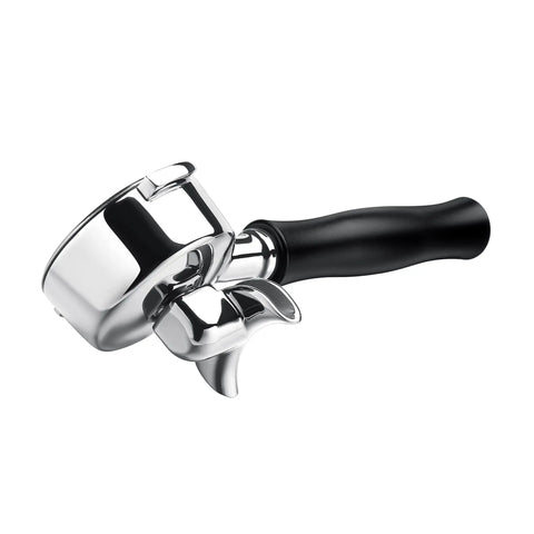 Two Cup 58mm Double Spout Portafilter With Basket For E61 And Flair 58 Espresso Machines Anodized Aluminum Handle Fits ECM Rocket Sanremo Synesso Slayer VBM And More, showing stainless steel body and black handle