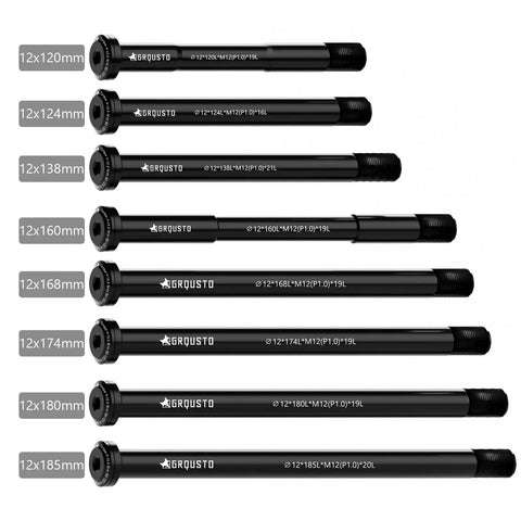 Assorted black thru axles in various lengths, 12x124mm is Two In One Front And Rear Thru Axle For Road And MTB Bikes, 1.0mm Thread Pitch