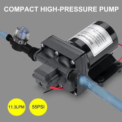 12V Diaphragm Water Pump With Self Priming Sprayer, 4 Chamber DC Electric Pump, compact design, visible connections