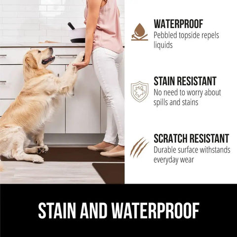 2 Pack Cushioned Kitchen Floor Mats For Comfortable Standing 17x24 And 17x48 Waterproof And Stain Resistant One Half Inch Thick Soft Ergonomic Anti Fatigue Mat With Foam Support For Feet Brown, shown with woman and dog in kitchen