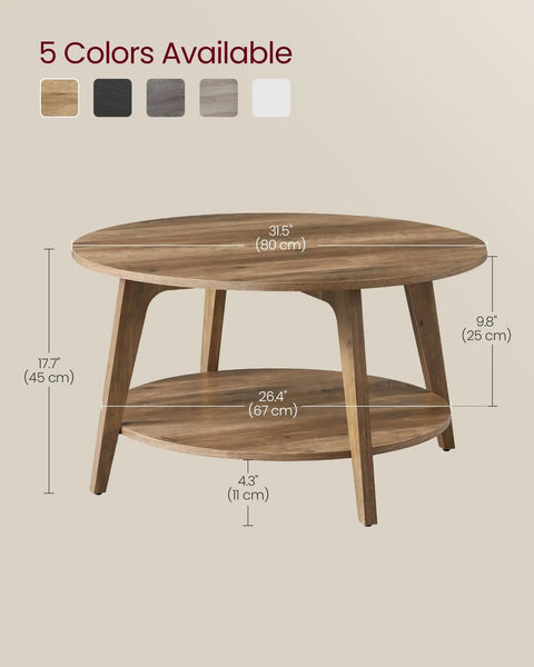 Round Coffee Table With Storage, 2 Tier Center Table, Tapered Legs And Curved Transitions, 31.5 Inch Diameter, 17.7 Inch Height