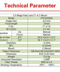 Technical specifications table for 5.0 Mega Pixel Lens F1.4 C Mount, listing dimensions, focal length, operation, and distortion rate.