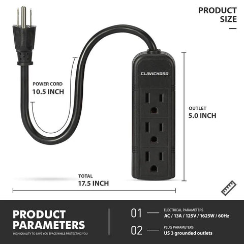 Power Strip With Flat Plug Three Grounded Sockets 7 Inch Heavy Duty Braided Extension Cord Mountable Socket Strip For Computer Home Office Use 13A 1625W Space Saver Got You Covered, with size dimensions and specifications shown.
