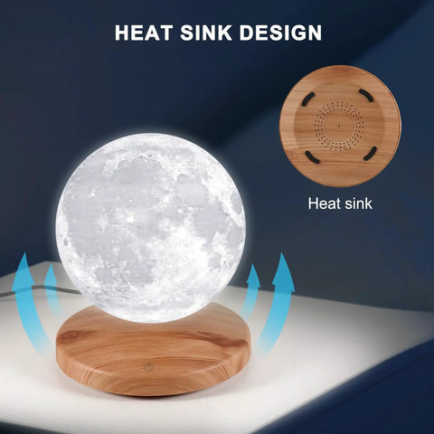 Levitating Moon Lamp Galaxy Light 6 Inch With 18 Color LED Modes on a wooden base with heat sink design