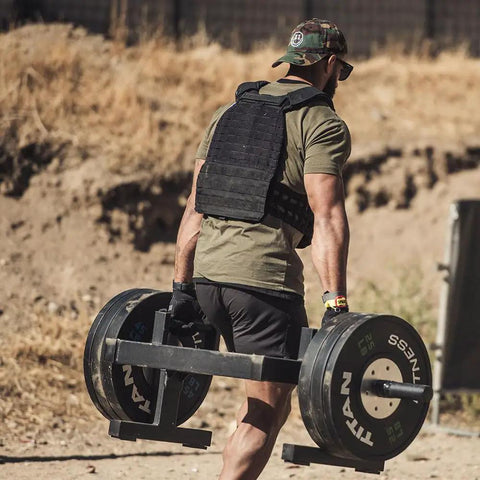 Heavy Duty Farmer's Walk Strongman Carry Rack With Elevated Neutral Handles, 600 Lb Capacity, 28mm Solid Steel Bars in use during workout.