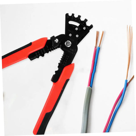 Badass Heavy Duty Wire Stripper And Crimper Pliers With Slick Bending Jaw Pro Grade Electrician Gear on white background with wires.