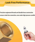 Close-up of One Eighth Inch Male To Three Eighth Inch Female NPT Brass Pipe Fitting against leak-free performance text backdrop