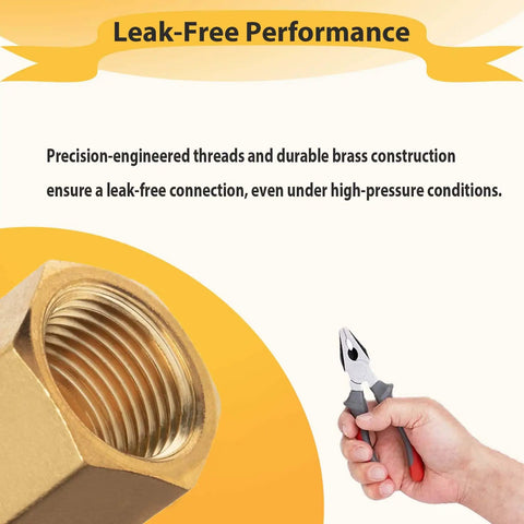 Close-up of One Eighth Inch Male To Three Eighth Inch Female NPT Brass Pipe Fitting against leak-free performance text backdrop