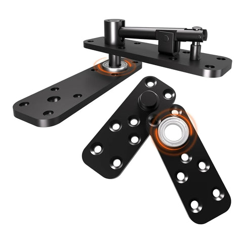 Black 360-degree quiet pin hinge set with mounting plates for concealed Murphy bookcase door