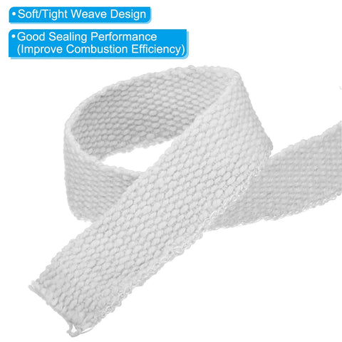 Two white flat braided ceramic fiber stove gasket strips, 2 in x 1/8 in, 157 in long.