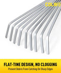 Close-up of 9 flat tines on a Colwelt Hand Rake 16.5 Inches For Tight Spots And Flower Beds, designed to prevent debris clogging.
