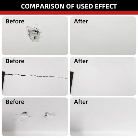 Comparison of surfaces before and after using All In One Drywall Repair Kit For Quick Holes And Cracks Patch Putty For Walls Nail Hole Filler Creak Damage Repair Easy DIY Patch Solution That Smooths Fills And Reinforces Surfaces.