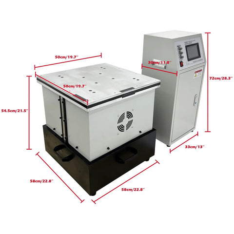 Triple Axis Vibration Test Bench With 132 Lb Load Capacity One To Four Hundred Hz Variable Frequency Vibrometer Analyzer One Point Five KW Motor High Capacity Heavy Duty Vibration Testing Machine For Real World Transport And Usage Simulations, 50cm table