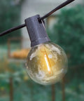 Close-up of Outdoor String Lights 300 Ft Waterproof G40 Led Globe Bulbs with shatterproof plastic bulb glowing
