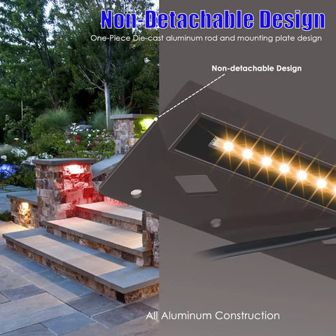 Close-up of RGBCW LED Hardscape Lights 4W 12V Low Voltage Outdoor Landscape Lighting on steps, highlighting non-detachable design