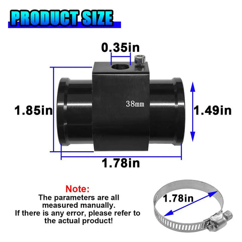 Ridiculously Solid Aluminum Water Temp Joint Pipe With Clamps, 38Mm, detailed size measurements and dimensions visible.
